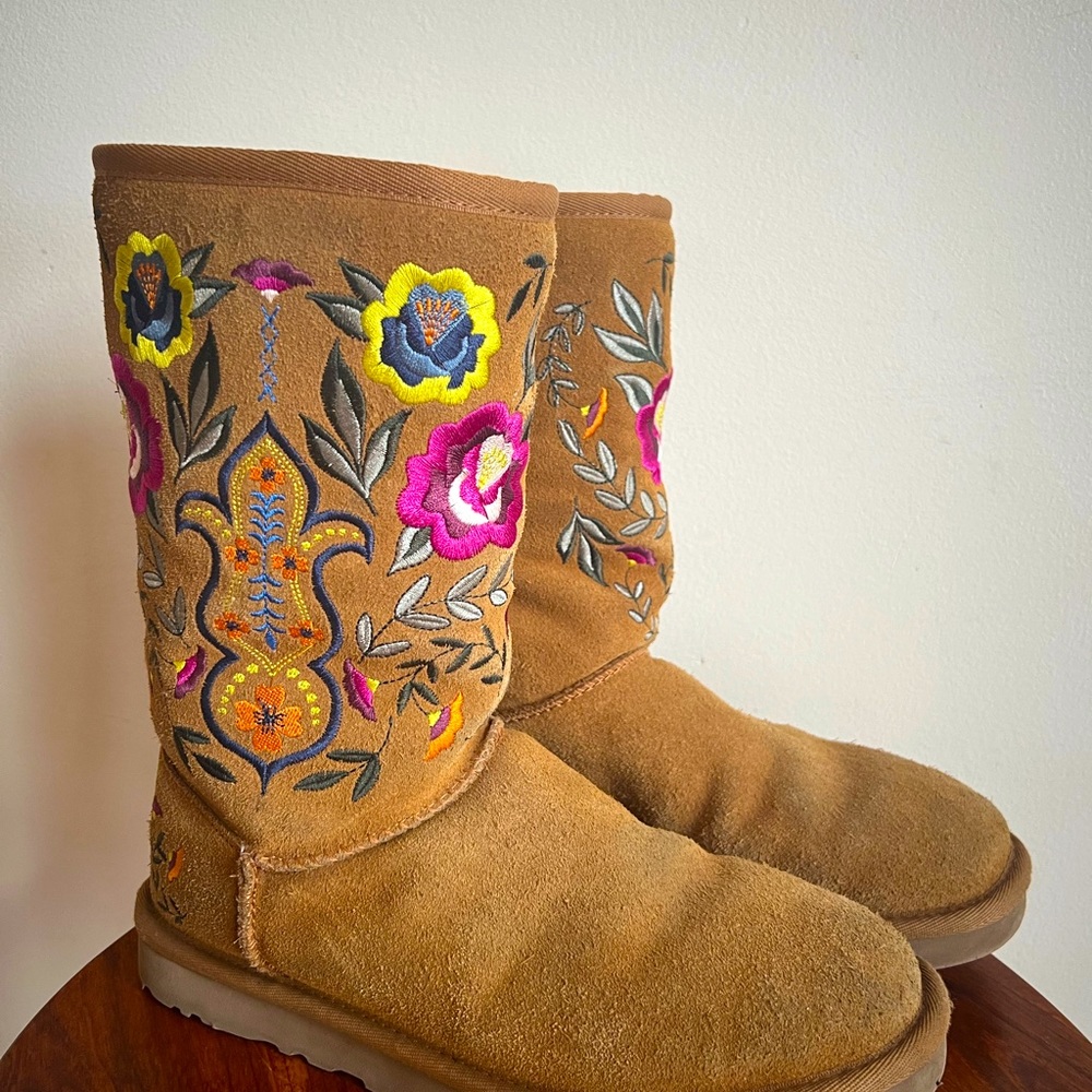 UGG Tan Suede Boots with Multicolor Floral Embroidery